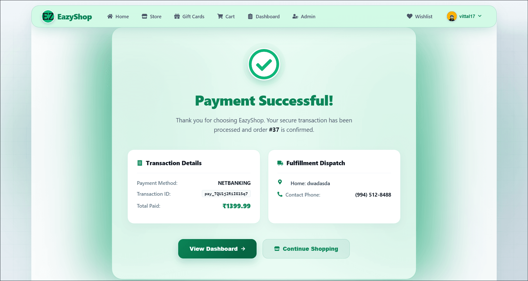 EazyShop — The order commits to an append-only ledger.